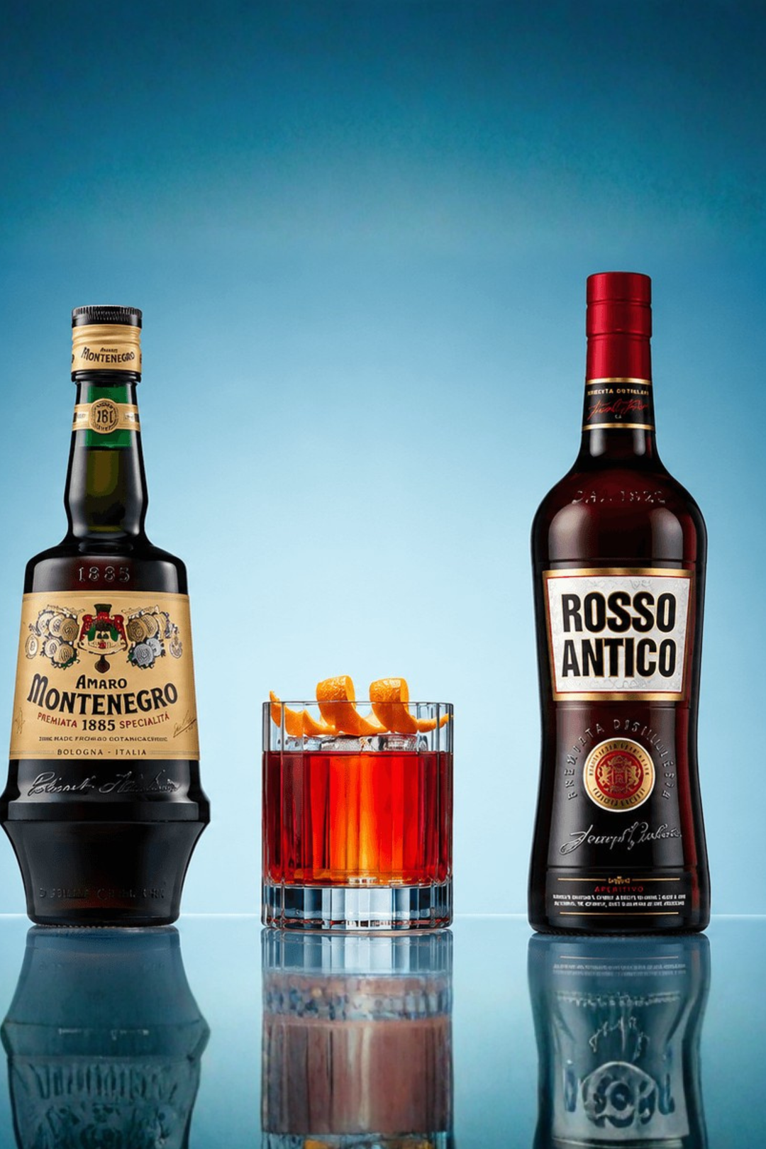 Two bottles of Amaro Montenegro and Rosso Antico with a cocktail on a reflective surface against a blue gradient background.