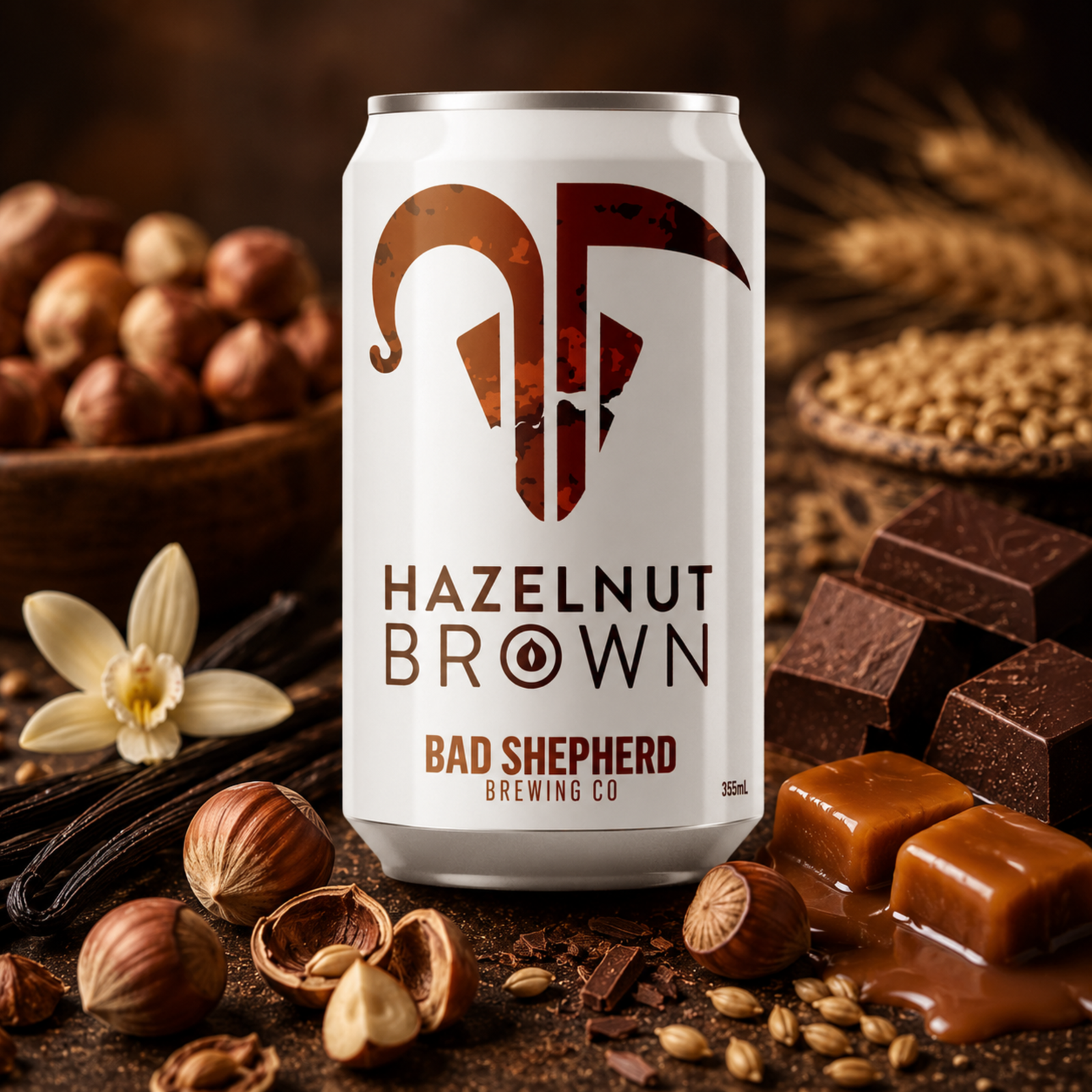 A 350ml aluminum can of Bad Shepherd Brewing Co. Hazelnut Brown stout, surrounded by hazelnuts, chocolate pieces, vanilla bean, caramel, and wheat on a dark rustic background.