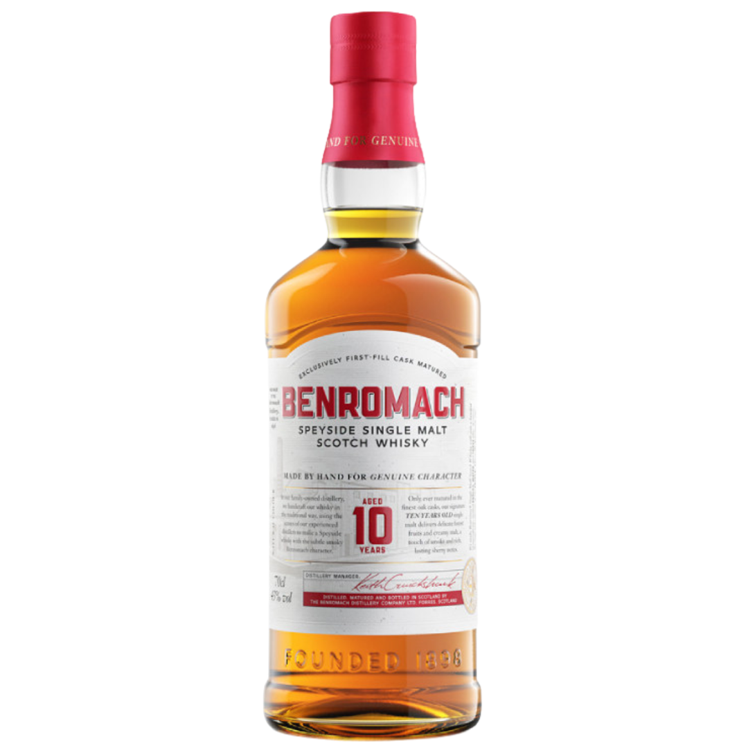 Benromach 10 year old single malt Scotch Whisky bottle with red cap on a white background