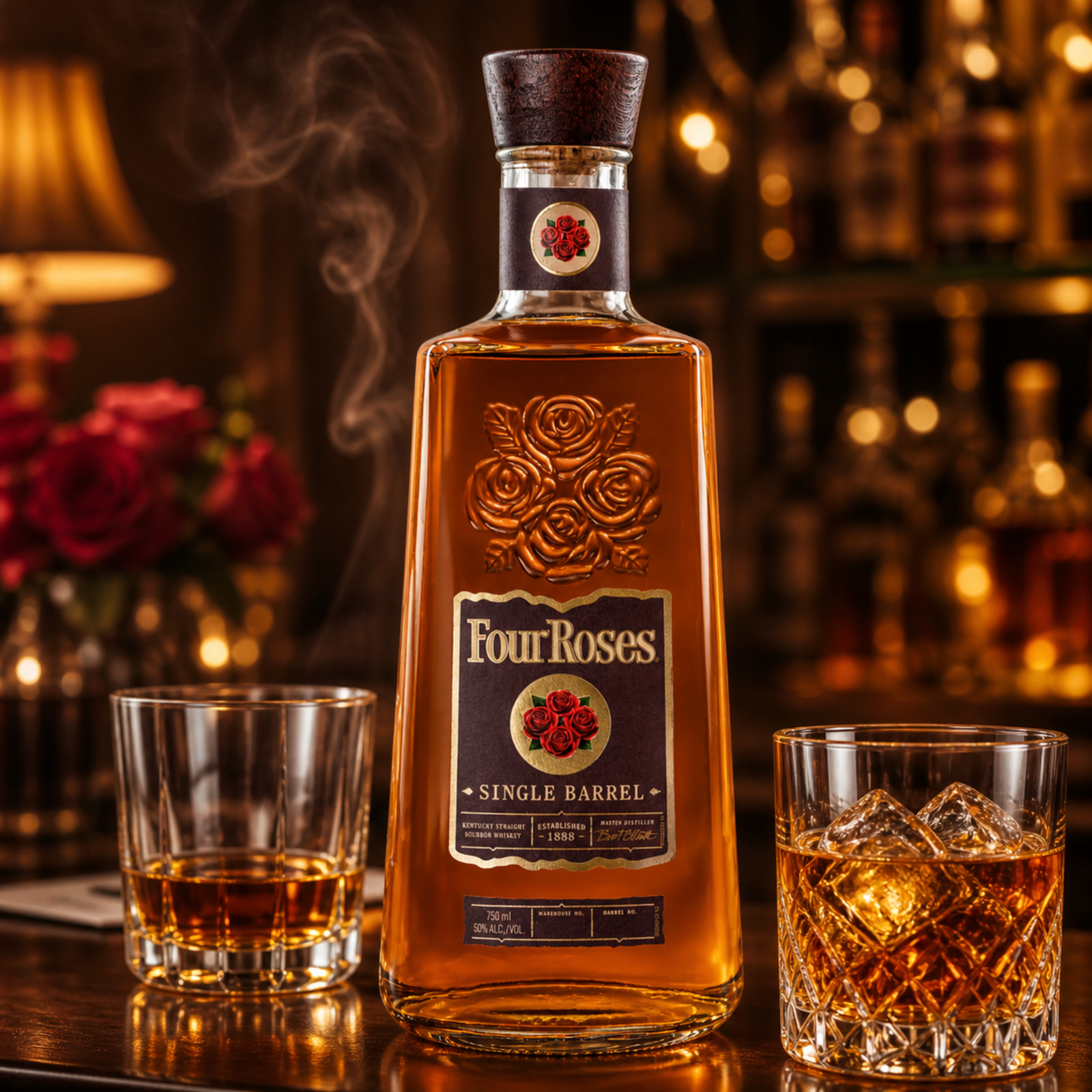 Four Roses whiskey bottle with two glasses on a bar counter