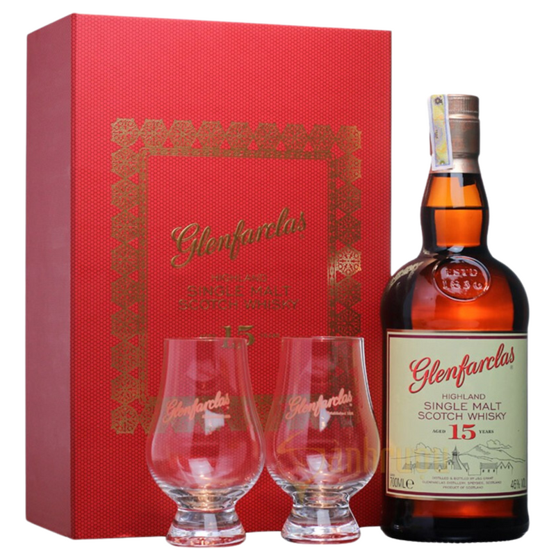 GLENFARCLAS WHISKY 15YO SINGLE MALT SCOTCH WHISKY 2 GLASSES GIFT PACK 700ML