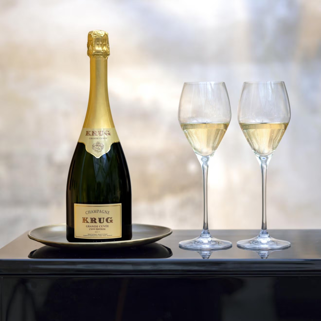 Krug Grande Cuvee 171 Edition Brut bottle with glasses