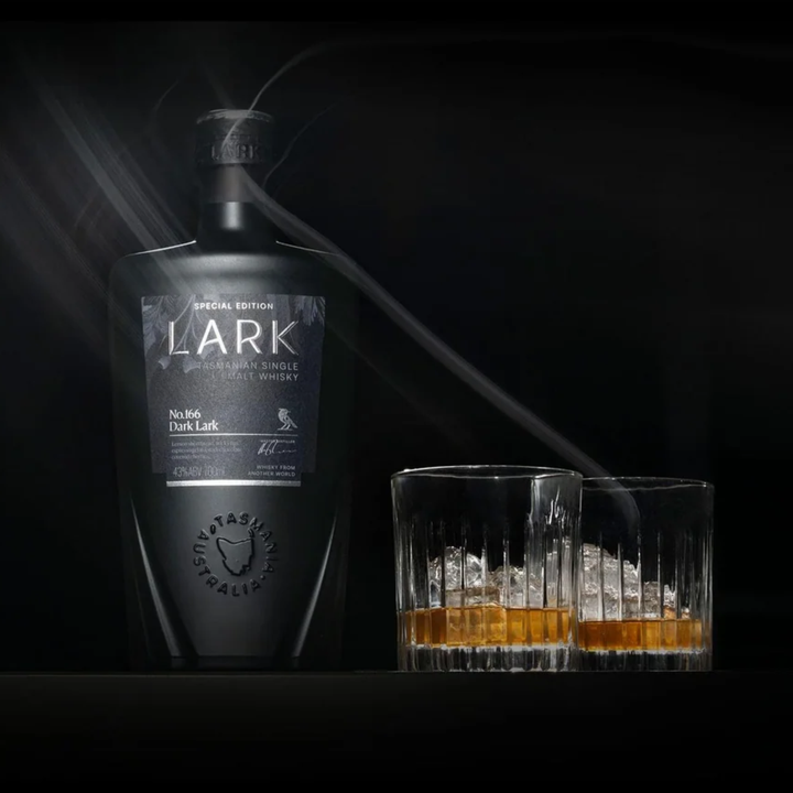 Lark Dark Lark No.166 Special Edition Single Malt Whisky 2026 with glasses