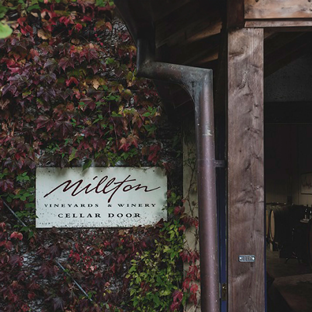 Wooden door with 'Millton Vineyards & Winery Cellar Door' sign surrounded by greenery
