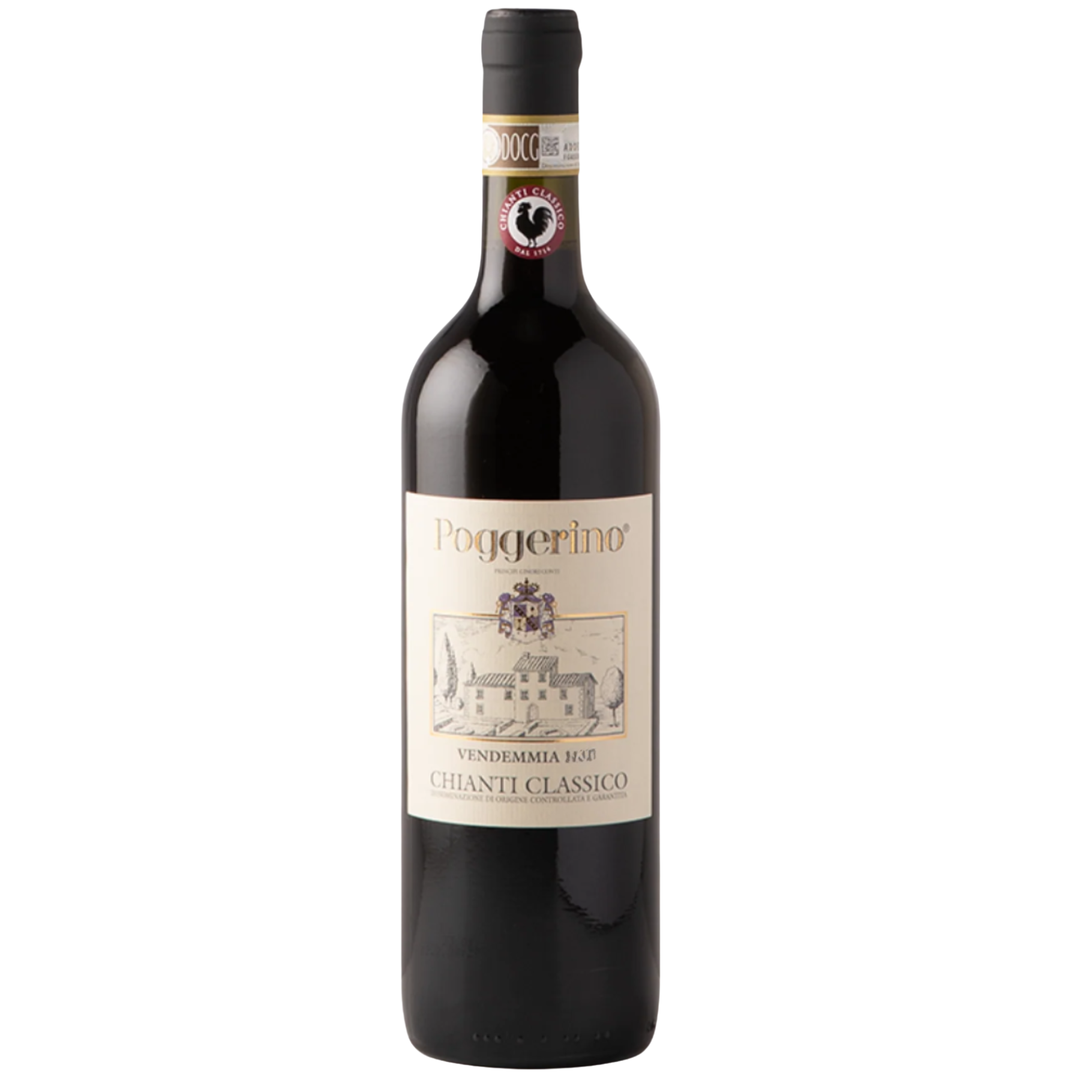 A bottle of Pogerino Chianti Classico red wine, featuring a dark glass bottle with a cream-colored label and a black screw cap, isolated on a white background.