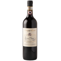 A bottle of Pogerino Chianti Classico red wine, featuring a dark glass bottle with a cream-colored label and a black screw cap, isolated on a white background.