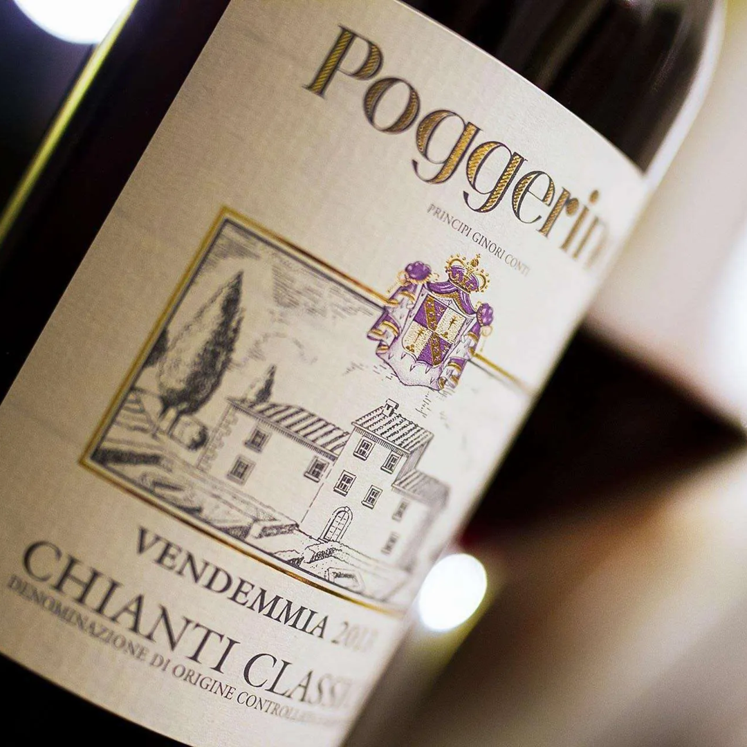 Close up of a Pogerrino Chianti Classico wine bottle label, showing the brand name and vintage details on a dark glass bottle.