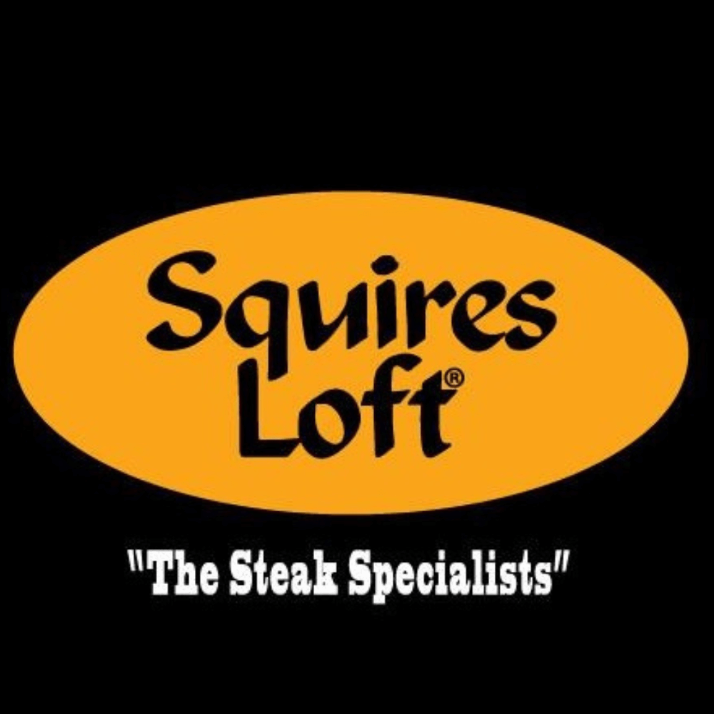 Squires Loft logo with an orange oval and black text on a black background