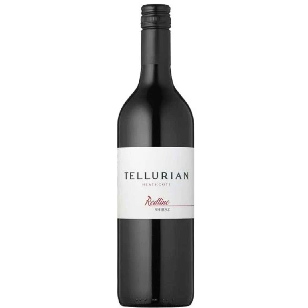 A bottle of Tellurian Redline Shiraz wine 2024 featuring a dark glass bottle with a white label and black cap, centered on a plain white background.
