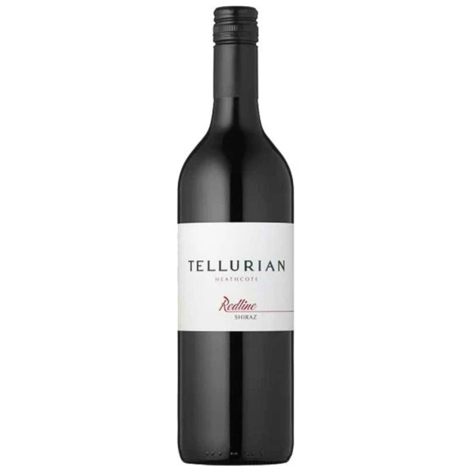 A bottle of Tellurian Redline Shiraz wine 2024 featuring a dark glass bottle with a white label and black cap, centered on a plain white background.