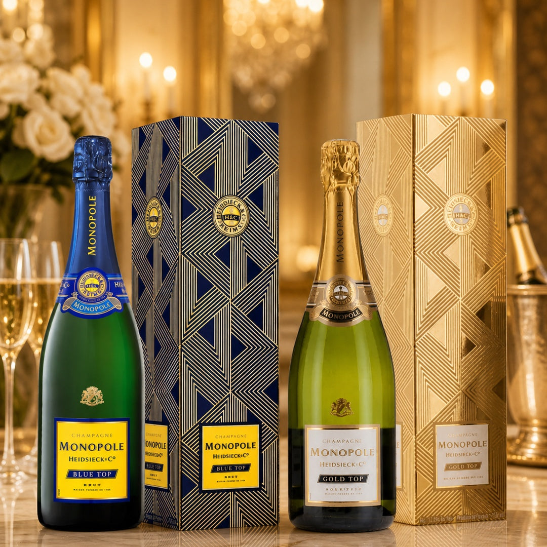 Two bottles of Monopole champagne with decorative boxes on a reflective surface.