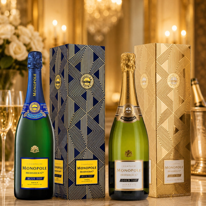 Two bottles of Monopole champagne with decorative boxes on a reflective surface.